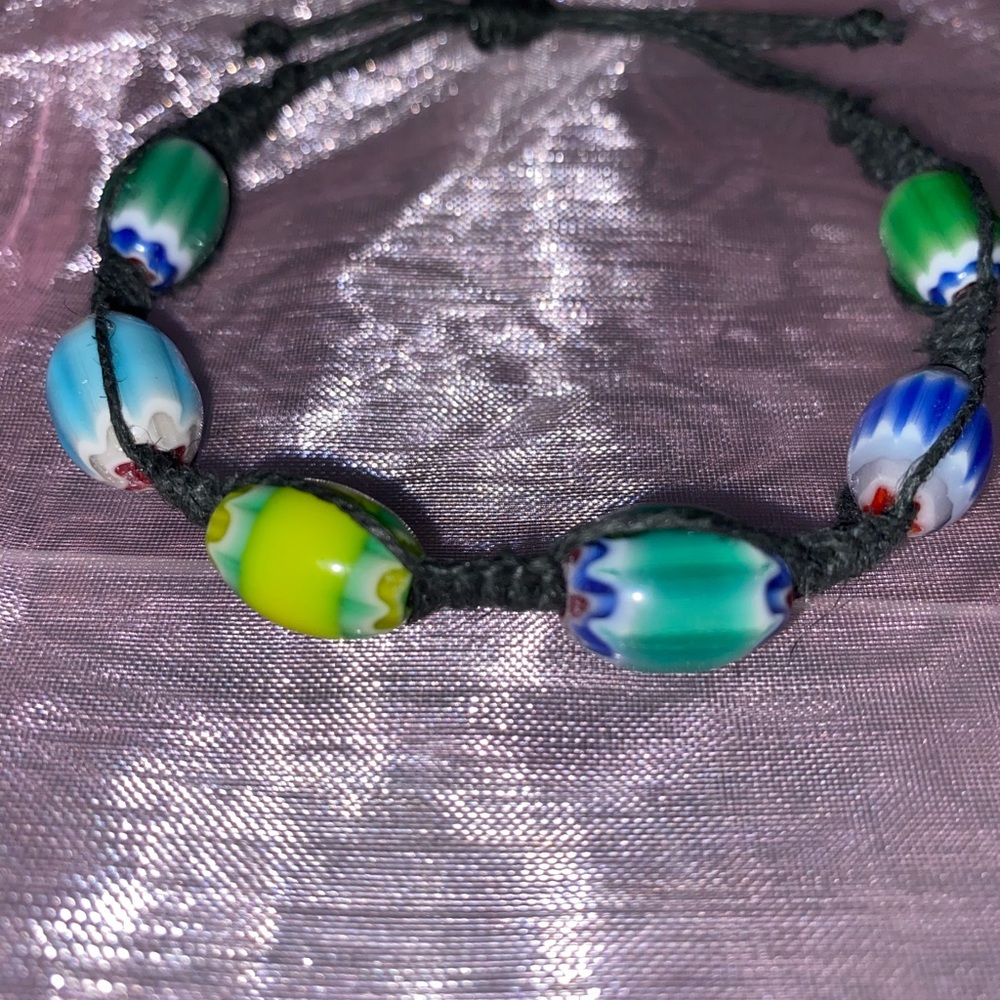 HANDCRAFTED/HANDMADE Glass Chevron Barrel Beads with Black Hemp Cord - Picture 3 of 7